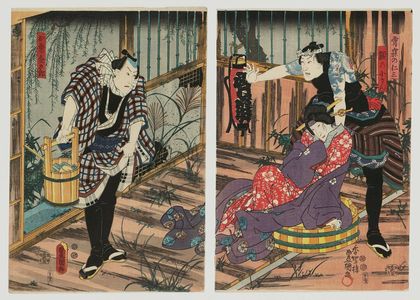 Utagawa Kunisada: Actors Onoe Shinshichi III as Yoine no Niza, Bandô Shûka I as Gaku no Kosan (R), and Ichikawa Danjûrô VIII as Omatsuri Kingorô (L) - Museum of Fine Arts