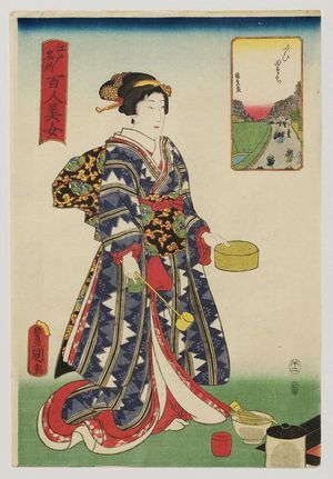 Utagawa Kunisada: Iidamachi, from the series One Hundred Beautiful Women at Famous Places in Edo (Edo meisho hyakunin bijo) - Museum of Fine Arts