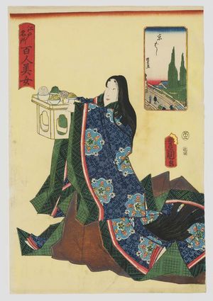 Utagawa Kunisada: Kyôbashi, from the series One Hundred Beautiful Women at Famous Places in Edo (Edo meisho hyakunin bijo) - Museum of Fine Arts