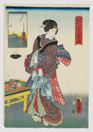 Utagawa Kunisada: Sensô-ji Temple at Asakusa, from the series One Hundred Beautiful Women at Famous Places in Edo (Edo meisho hyakunin bijo) - Museum of Fine Arts