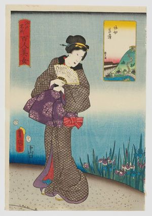 Utagawa Kunisada: Iris at Horikiri (Horikiri shôbu), from the series One Hundred Beautiful Women at Famous Places in Edo (Edo meisho hyakunin bijo) - Museum of Fine Arts