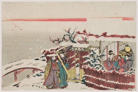 Katsushika Hokusai: Two women visiting others at a pavilion in snow. - Museum of Fine Arts