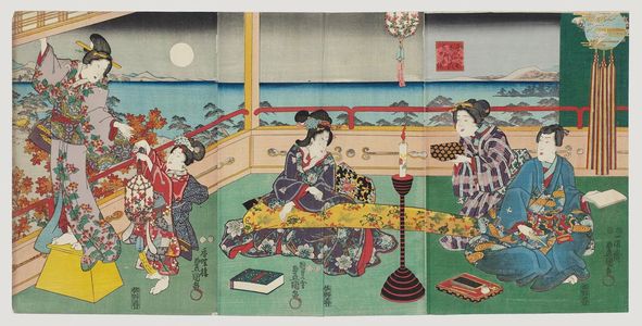 Japanese Print "Autumn Moon-viewing Scene from Inaka Genji, from the series Eastern Magic Lantern Slides of a Charming Figure (Yasasugata Azuma no utsushi-e)" by Utagawa Kunisada, 歌川国貞 (Utagawa Kunisada I (Toyokuni III))