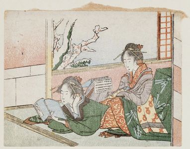 Katsushika Hokusai: Two women reading by a kotatsu; snow-covered trees outside window - Museum of Fine Arts