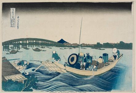 Katsushika Hokusai: Viewing Sunset over Ryôgoku Bridge from the Onmaya Embankment (Onmayagashi yori Ryôgoku-bashi no sekiyô o miru), from the series Thirty-six Views of Mount Fuji (Fugaku sanjûrokkei) - Museum of Fine Arts