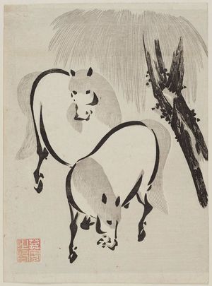 Anroによる浮世絵「Two Horses under Willow Tree」