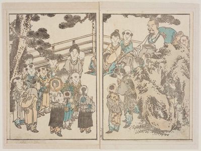 Katsushika Hokusai: Kuo Tzu–i (697–781) and his grandchildren. From Hokusai Gafu, vol. I, 14th double p. - Museum of Fine Arts