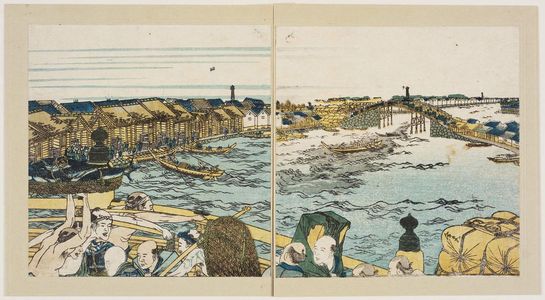 Katsushika Hokusai: Nihon-bashi; From Toto Shokei Ichiren , vol. I double page 6 - Museum of Fine Arts