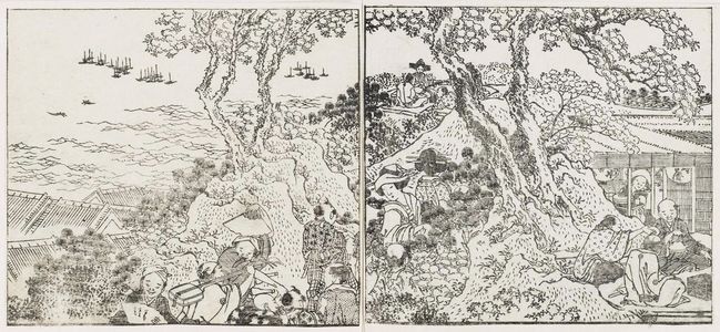 葛飾北斎: Waterwheel, farmers and field (top)- Picknickers under flowering trees by the shore (bottom). From Ehon Teikin Orai, vol.1, double page from sheets 7, 8 and 4,5. - ボストン美術館