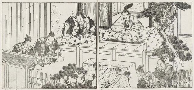 Katsushika Hokusai: At the court of a daimyo. From Ehon Teikin Orai, vol.1, double page from sheets 21 and 22 - Museum of Fine Arts