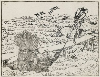 Katsushika Hokusai: A farmer on a bridge leading a bullock through water. From Ehon Teikin Orai, vol.I sheet 3, back; sheet 21, front; sheet 25, back. - Museum of Fine Arts