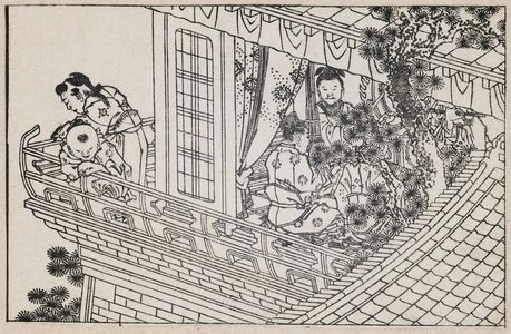 Katsushika Hokusai: Children on a high balcony. From Ehon Teikin Orai, vol.I sheet 5, back, sheet 16, front - Museum of Fine Arts