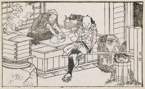 Katsushika Hokusai: Making mochi. From Ehon Teikin Orai, vol.I sheet 26, front; sheet 18, front; sheet 11, front. - Museum of Fine Arts