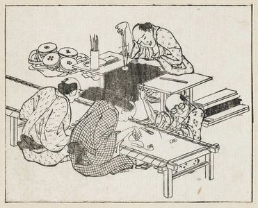 Katsushika Hokusai: Embroiderers. From Ehon Teikin Orai, vol.I sheet 26, front; sheet 18, front; sheet 11, front. - Museum of Fine Arts