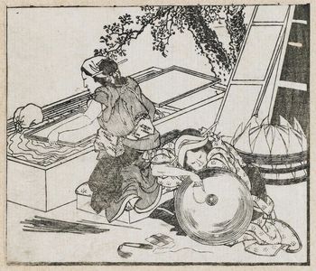 Katsushika Hokusai: Making paper (top). From Ehon Teikin Orai, vol.I sheet 20, front; sheet 22, back - Museum of Fine Arts