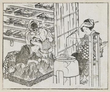 葛飾北斎: Silk worm culture (bottom). From Ehon Teikin Orai, vol.I sheet 20, front; sheet 22, back - ボストン美術館