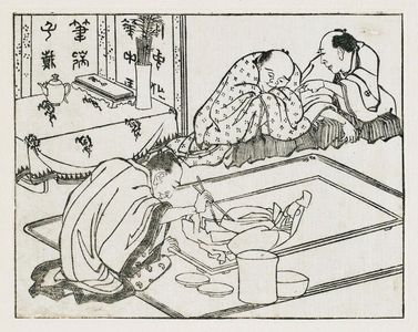 Katsushika Hokusai: Sculptors working at a huge wooden lion. From Ehon Teikin Orai, vol.I sheet 26, front; sheet 18, front; sheet 11, front. - Museum of Fine Arts