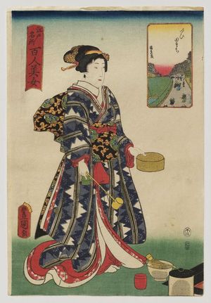 Utagawa Kunisada: Iidamachi, from the series One Hundred Beautiful Women at Famous Places in Edo (Edo meisho hyakunin bijo) - Museum of Fine Arts