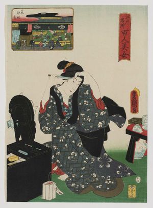 Utagawa Kunisada: In Front of Shiba Shinmei Shrine (Shiba Shinmei mae), from the series One Hundred Beautiful Women at Famous Places in Edo (Edo meisho hyakunin bijo) - Museum of Fine Arts