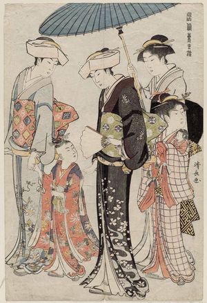 鳥居清長: Young Girl and Four Attendants, from the series Current Manners in Eastern Brocade (Fûzoku Azuma no nishiki) - ボストン美術館