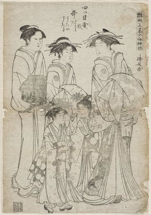 Torii Kiyonaga: Utagawa of the Yotsumeya, kamuro Utano and Utaki, from the series Models for Fashion: New Year Designs as Fresh as Young Leaves (Hinagata wakana no hatsu moyô) - Museum of Fine Arts