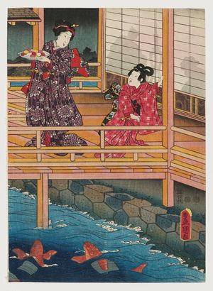 Estampe japonaise "Night Scene on a Balcony Overlooking a Pond with Carp" par Utagawa Kunisada, 歌川国貞 (Utagawa Kunisada I (Toyokuni III))