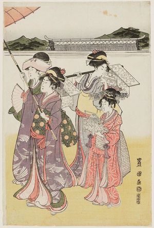 歌川豊国: Lady and Attendants Returning from a Temple Visit - ボストン美術館