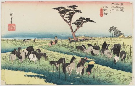 Utagawa Hiroshige: Chiryû: Early Summer Horse Fair (Chiryû, shuka uma ichi), first (?) state, from the series Fifty-three Stations of the Tôkaidô (Tôkaidô gojûsan tsugi no uchi), also known as the First Tôkaidô or Great Tôkaidô - Museum of Fine Arts