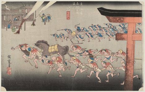 歌川広重: Miya: Festival of the Atsuta Shrine (Miya, Atsuta shinji), from the series Fifty-three Stations of the Tôkaidô Road (Tôkaidô gojûsan tsugi no uchi), also known as the First Tôkaidô or Great Tôkaidô - ボストン美術館