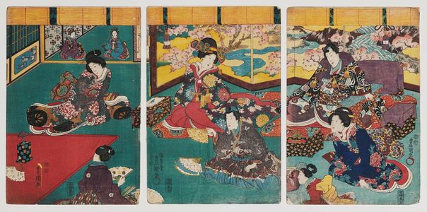 日本版画 "The Fan-tossing Game" 由 Utagawa Kunisada, 歌川国貞 (Utagawa Kunisada I (Toyokuni III)) 创作