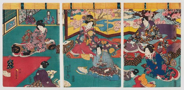 日本版画 "The Fan-tossing Game" 由 Utagawa Kunisada, 歌川国貞 (Utagawa Kunisada I (Toyokuni III)) 创作