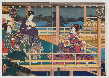 日本版画 "Night Scene on a Balcony Overlooking a Pond with Carp" 由 Utagawa Kunisada, 歌川国貞 (Utagawa Kunisada I (Toyokuni III)) 创作