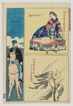 Ochiai Yoshiiku: Harimaze-e: Englishman Riding on a Horse; Heron in a Willow Tree - Museum of Fine Arts