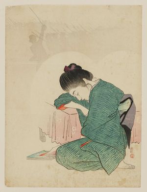 梶田半古: Woman in Kimono Asleep and Dreaming of her Lover, a Soldier in Battle - ボストン美術館
