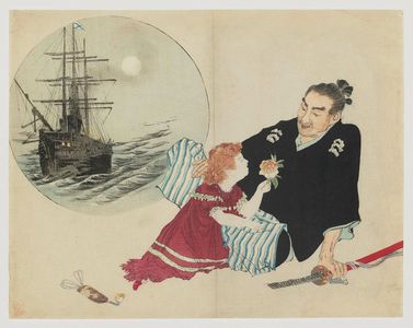Mizuno Toshikata: Leaving for the Western World: Samurai with a Western, Red-haired Girl by his Lap; Ship Sailing under a Full Moon in a Round Cartouche - Museum of Fine Arts