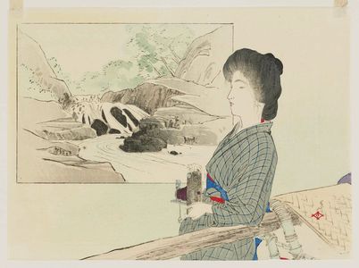 Tsutsui Toshimine: Woman with a Camera Leaning on a Palanquin; Cartouche with Scenery in the Background - ボストン美術館