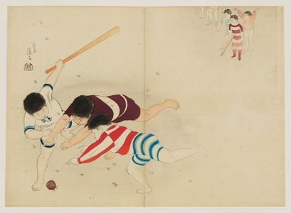 富岡英泉: Three Boys Playing Baseball on the Beach - ボストン美術館
