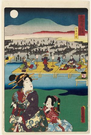 歌川国貞: Famous Places in Kyoto: The Riverbed at Shijô (Kyôto meisho no uchi, Shijôgawara), from the series Scenes of Famous Places along the Tôkaidô Road (Tôkaidô meisho fûkei), also known as the Processional Tôkaidô (Gyôretsu Tôkaidô), here called Tôkaidô - ボストン美術館