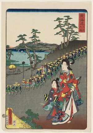 Japanese Print "Ôiso, from the series Scenes of Famous Places along the Tôkaidô Road (Tôkaidô meisho fûkei), also known as the Processional Tôkaidô (Gyôretsu Tôkaidô), here called Tôkaidô no uchi" by Utagawa Kunisada, 歌川国貞 (Utagawa Kunisada I (Toyokuni III))