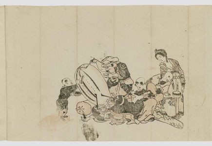 Unknown: Painting Fukurokuju's Head, from the series Games with Fukurokuju's Big Head (Fukurokuju atama no tawamure) - Museum of Fine Arts