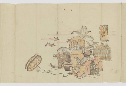 Japanischer Druck "Fukurokuju Catching Sparrows in the Garden, from the series Games with Fukurokuju's Big Head (Fukurokuju atama no tawamure)" von Unknown, 無款 (Artist Unknown, Japanese)