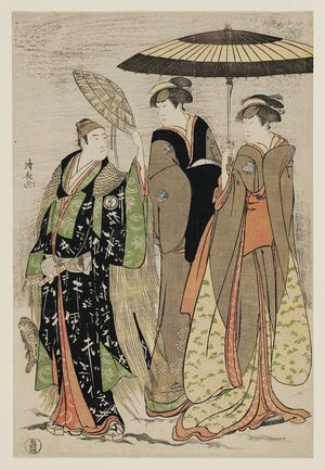 鳥居清長: Actors Sawamura Sôjûrô III as Minamoto no Yoritomo, Yamashita Mangiku as Masako, and Nakamura Rikô as the maid Kiyotaki - ボストン美術館