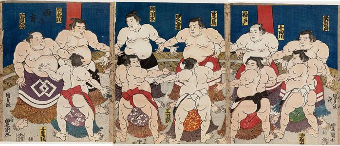 日本版画 "Wrestlers at the Opening Ceremony" 由 Utagawa Kunisada, 歌川国貞 (Utagawa Kunisada I (Toyokuni III)) 创作