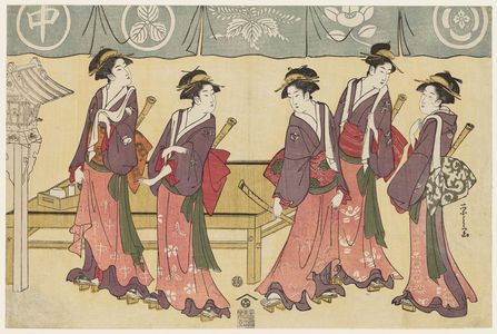 Hosoda Eishi: Five Teahouse Waitresses as the Five Men of the Karigane Gang - Museum of Fine Arts
