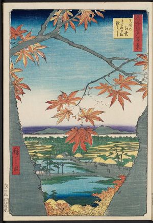 Utagawa Hiroshige: Maple Trees at Mama, Tekona Shrine and Linked Bridge (Mama no momiji Tekona no yashiro Tsugihashi), from the series One Hundred Famous Views of Edo (Meisho Edo hyakkei) - Museum of Fine Arts