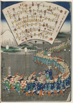 Toyohara Kunichika: Title page, from the series Fifty-three Stations of the Fan [of the Tôkaidô Road] (Suehiro gojûsan tsugi) - Museum of Fine Arts