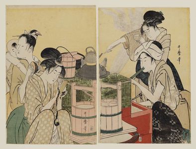 日本版画 "Kitchen Scene" 由 Kitagawa Utamaro, 喜多川歌麿 (Kitagawa Utamaro I) 创作