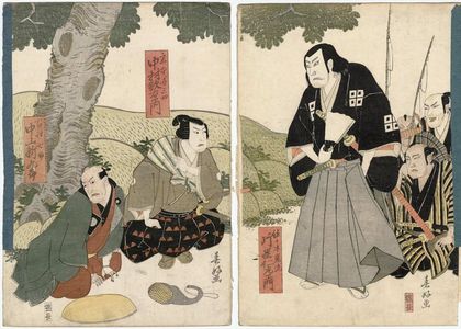 春好斎北洲: Actors Kataoka Nizaemon VII as Sasaki Ganryû (R), Nakamura Utaemon III as Miyamoto Musashi and Nakayama Shinkurô III as the Farmer (Hyakushô) Shichisuke (L) - ボストン美術館