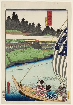 歌川国貞: Yatsuyamashita in Shinagawa (Shinagawa Yatsuyamashita), from the series Scenes of Famous Places along the Tôkaidô Road (Tôkaidô meisho fûkei), also known as the Processional Tôkaidô (Gyôretsu Tôkaidô), here called Tôkaidô meisho no uchi - ボストン美術館