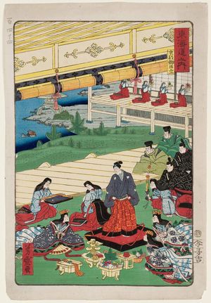 Utagawa Yoshimori: Kyoto: Preparing to Go Out (Kyôto, oidetachi), from the series Scenes of Famous Places along the Tôkaidô Road (Tôkaidô meisho fûkei), also known as the Processional Tôkaidô (Gyôretsu Tôkaidô) - ボストン美術館